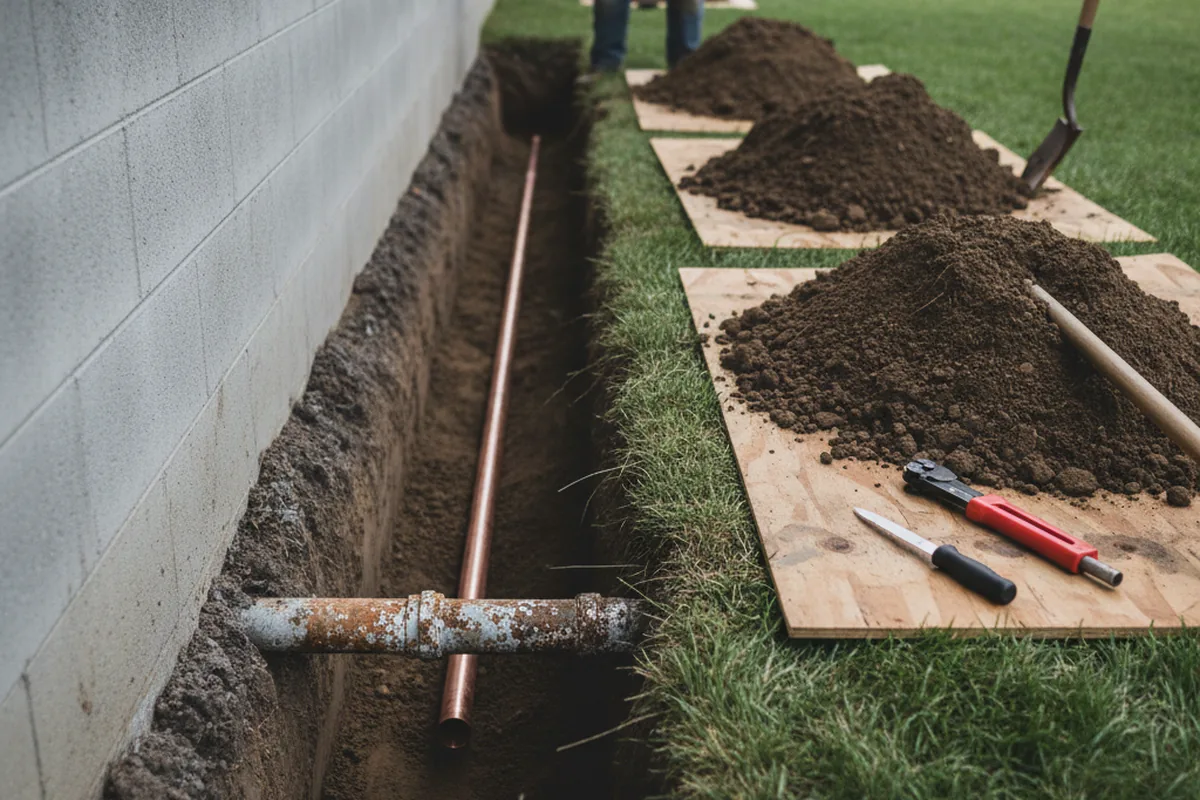 Excavated water line trench during Sewer Line Repair in Cocolalla